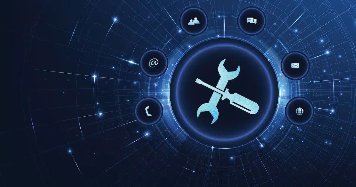 A glowing blue digital background features a central crossed wrench and screwdriver icon, symbolizing tools. Surrounding icons include an envelope, globe, phone, cloud, chat, and email, suggesting communication and technology themes.