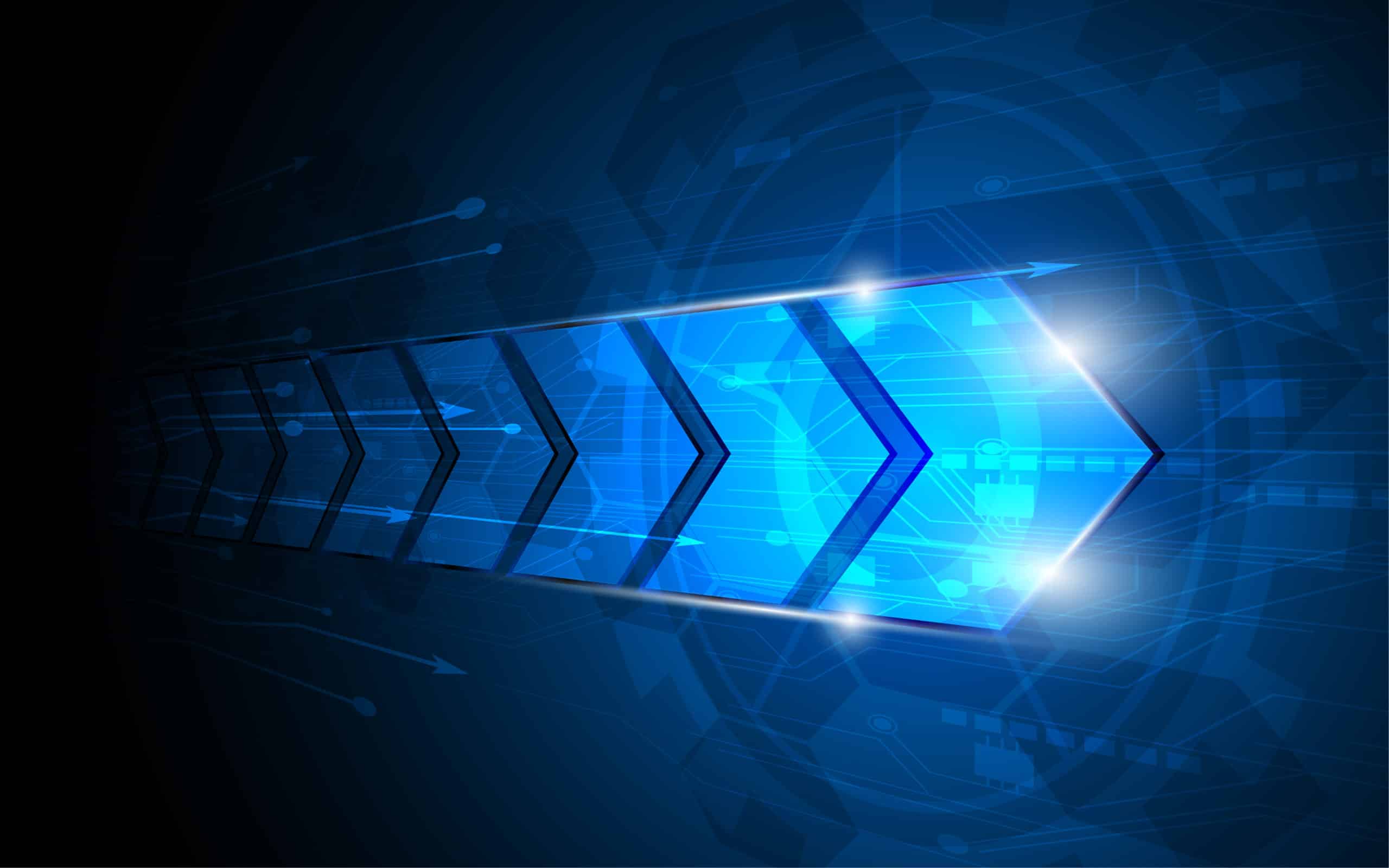 Futuristic blue digital background with glowing arrow shapes pointing right. The design suggests movement, speed, and technology, set against a dark backdrop.